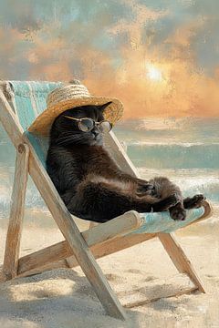 Summer painting cat by pool - summer painting with humour by Joriali photography and paintings