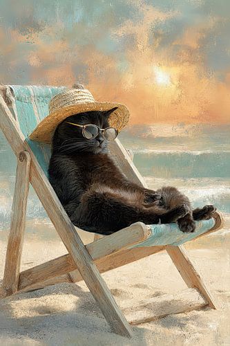 Zomers schilderij kat bij zwembad – zomers schilderij met humor
