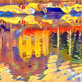 Spiegeling van bootjes en huizen in het water. van Han van der Staaij