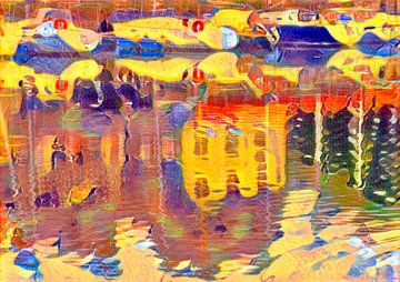 Spiegeling van bootjes en huizen in het water. van Han van der Staaij