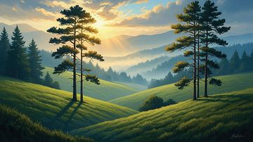 Serene Morning Hills with Pine Trees