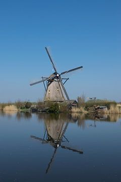 Beau moulin à vent à Kinderdijk avec un beau reflet dans l'eau.