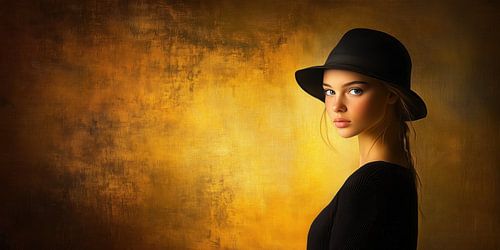 Mysterious Woman with Black Hat on Golden Background Canvas