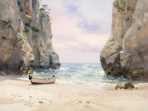 A solitary boat in a rocky cove