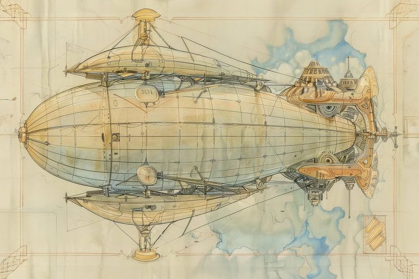 Zeppelin au-dessus des nuages ​​- Dessin nostalgique par Dessins et peintures de Peter Pen