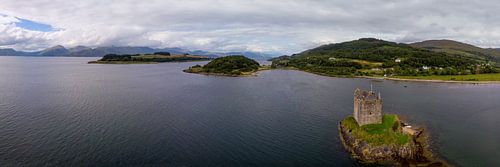 Aerial panorama of Loch Linhe with Stalker Castle
