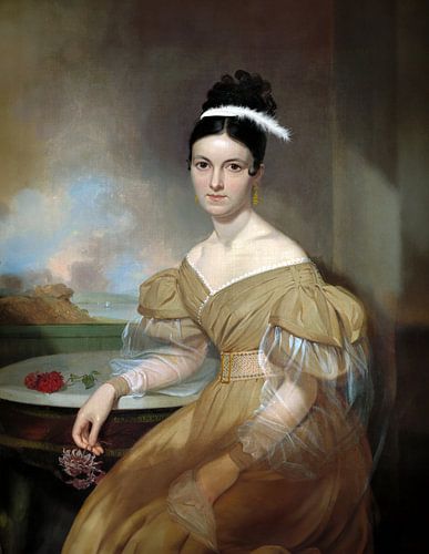 Dame in oker gele jurk