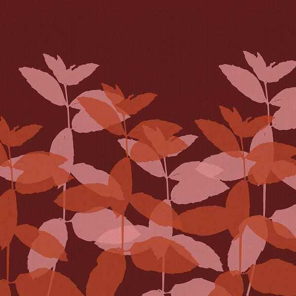 Tender leaves n pink, burnt orange on wine red. Autumnal botanical by Dina Dankers