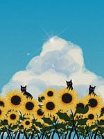 Minimal art of cat in sunflower garden