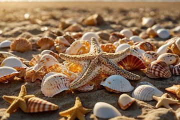 Coquillages et étoiles de mer sur la plage sur Jan Bouma