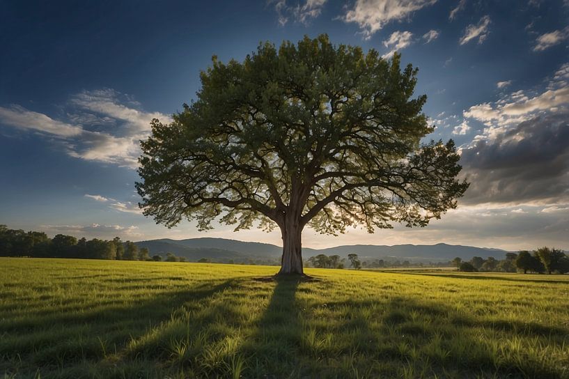 Majestätischer Baum in weiter Landschaft von Art & Soul Creations