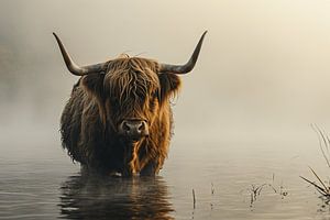 Schottischer Highlander beim Baden in Broekpolder