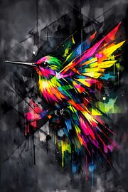 Les reflets de la liberté – Peinture murale abstraite représentant un colibri, dans le style néon street art sur ButterflyPix
