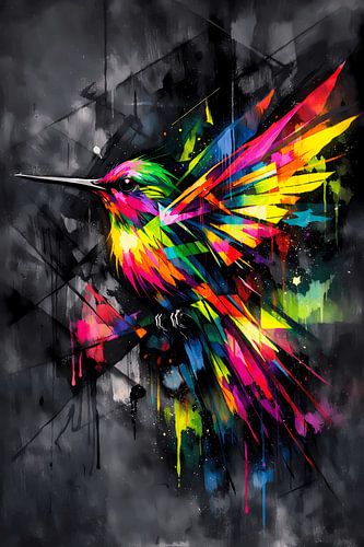 Schillern der Freiheit – Abstraktes Kolibri-Wandbild im Neon-Street-Art-Stil