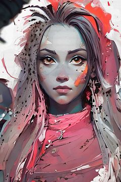 Portrait jeune femme en gris rose et rouge