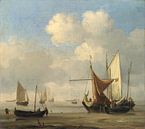 Kleine Nederlandse schepen aan de grond bij Laagwater in een rustige omgeving, Willem van de Velde van Meesterlijcke Meesters thumbnail