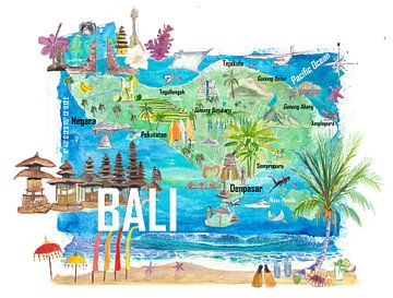 Geïllustreerde eilandkaart van Bali met toeristische hoogtepunten van Indonesië van Markus Bleichner