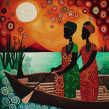 Petit bateau à rames avec des femmes africaines