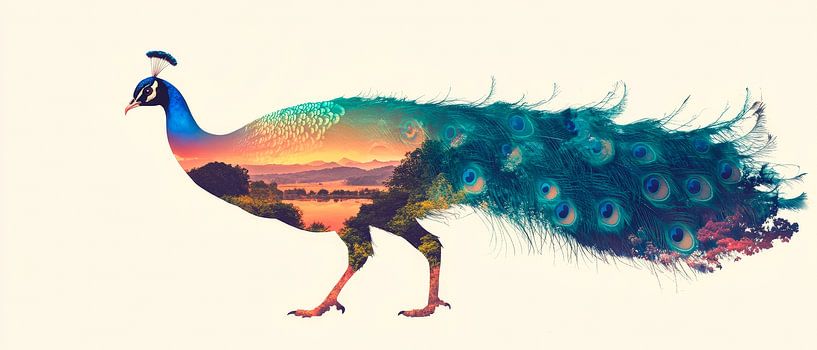 Coloured peacock with landscape by Poster Art Shop