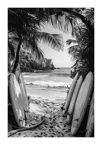 Zwart-wit beeld van surfplanken op een tropisch strand