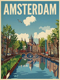 Vintage-Reiseplakat Amsterdam – Blick auf die St.-Nikolaus-Basilika über die Gracht
