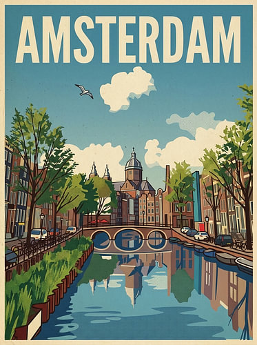 Vintage Amsterdam Travel Poster – View of St Nicholas’ Basilica across the canal