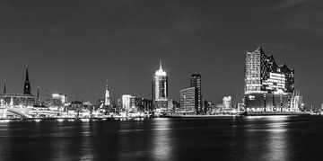 Skyline van Hamburg bij nacht bij de Elbphilharmonie - zwart-wit