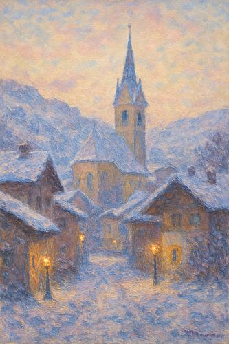 Claude Monet Stijl Sneeuwlandschap - Tiroler Kerk bij Schemering