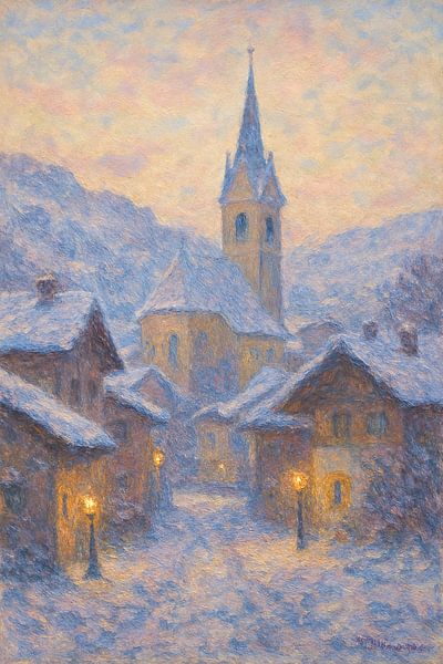Claude Monet Style Snow Scene – Tyrolean Church at Dusk by Travel Shop