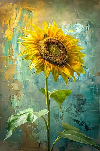 Schilderij van zonnebloem op kleurrijke achtergrond