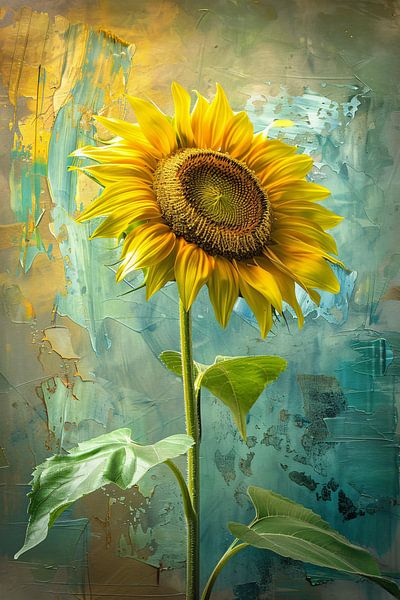 Gemälde einer Sonnenblume auf buntem Hintergrund von Art & Soul Creations