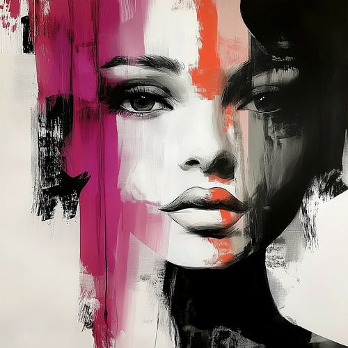 Maia ; portrait d'une femme en noir et blanc avec des effets de rose et d'orange