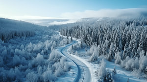 Winterlandschaft in den Bergen mit einer verschneiten Straße, Luftaufnahme
