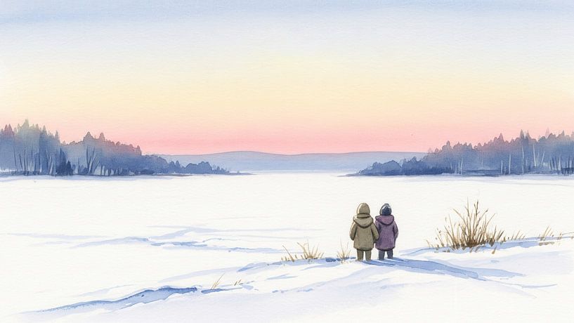 Watercolor Painting of Two Children in Winter Landscape by Markus Gann