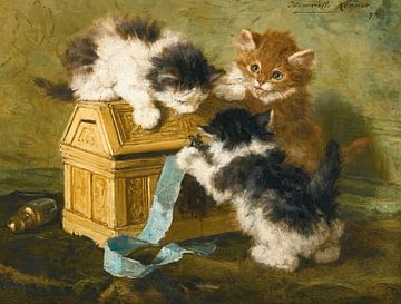 Henriëtte Ronner-Knip - Drie katjes met een kist en blauw lint (1894) van Peter Balan
