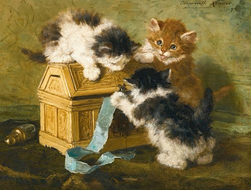 Henriëtte Ronner-Knip - Drie katjes met een kist en blauw lint (1894)