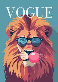 Lion Stylish wearing sunglasses blowing pink bubble gum vogue poster by Cross