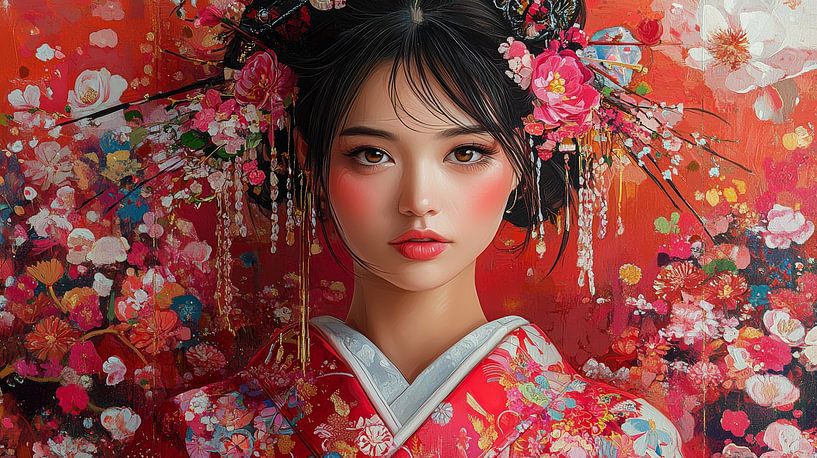 Japanische Frau im roten Kimono von Lufy