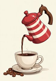 Kaffeekanne, aus der Kaffee in eine Tasse und Untertasse mit Kaffeebohnen gegossen wird von Markus Gann