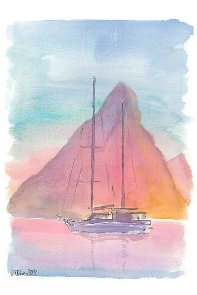 Gloeiend silhouet van de Pitons met boot in St Lucia van Markus Bleichner