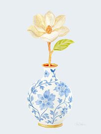 Vase au magnolia - Porcelaine à fond bleu sur Piret Victoria Ribas Art & Photography