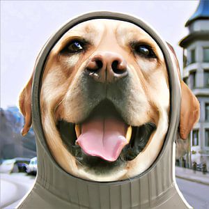 Illustration numérique photoréaliste d'un labrador heureux portant un pull à capuche en ville