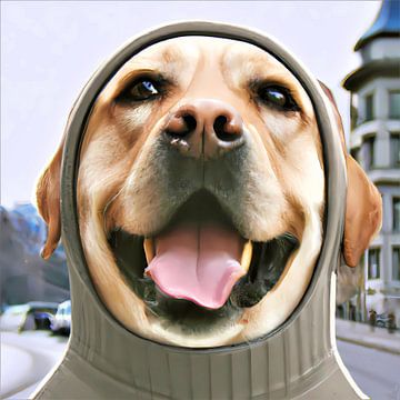 Illustration numérique photoréaliste d'un labrador heureux portant un pull à capuche en ville sur Maud De Vries