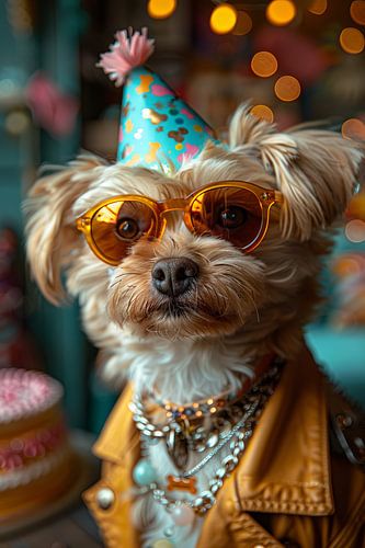 Grappige hond viert verjaardag met discobril