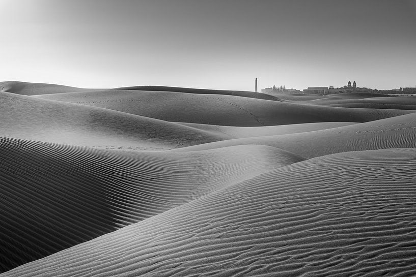 De duinen van Maspalomas op Gran Canaria. Zwart-wit beeld. van Manfred Voss, Zwart-Wit Fotografie