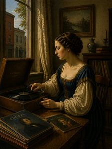 A woman enjoys music from a vintage record player in a room filled with warm light.