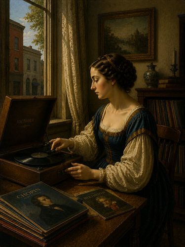 Een vrouw luistert naar muziek op een oude platenspeler in een kamer die baadt in warm licht.