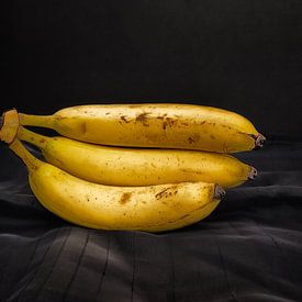 Een tros van drie bananen op een mooi belichte donkere ondergrond. van René Ouderling