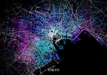 Tokio Japan - Abstrakte Karte in Schwarz-Violett-Blau von Art By Dominic