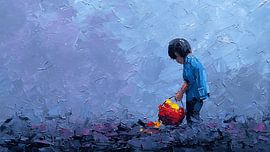 „Broken Innocence“ – Emotionales, surrealistisches Acrylgemälde einer kindlichen Figur und blutenden Spielzeugfiguren von Aden Pink Studio